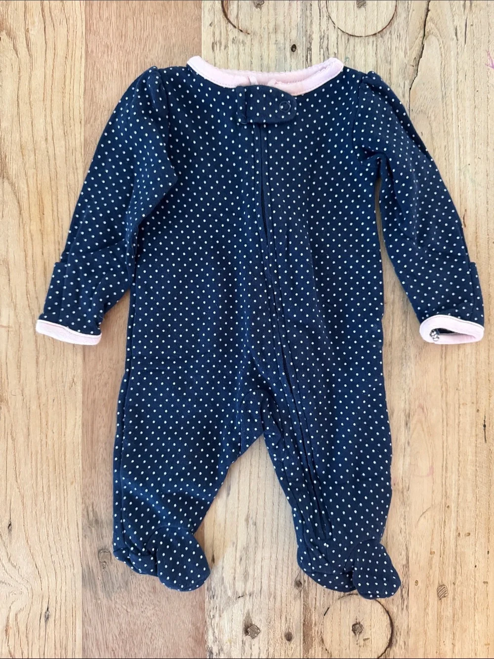 Carter's Navy Polka Dot Footed One-Piece with Pink Trim